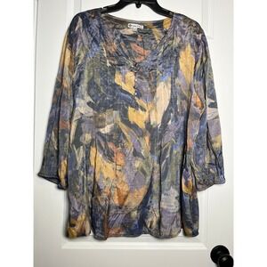 Kate Park Women 2X Abstract Print Pintuck V-Neck Henley 3/4 Sleeve Blouse Top